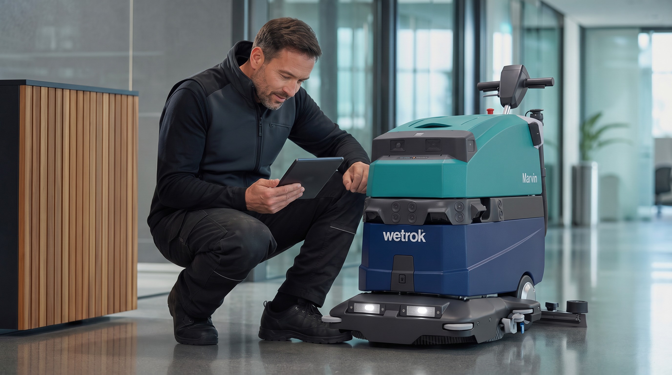 Technicien Cleaning Service en maintenance d'un robot de nettoyage